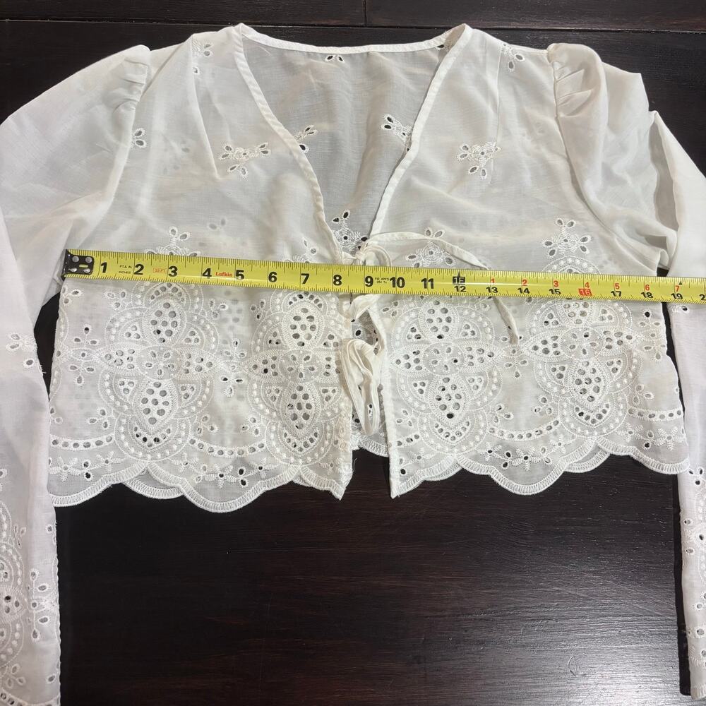White Eyelet Tie Front Crop Blouse Bolero szXS Festval Boho Cottagecore Coquette - Picture 6 of 6